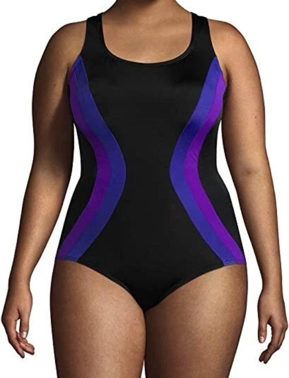 Lands’ End 20W One Piece Swimsuit Black Purple Blue Colorblock Racerback